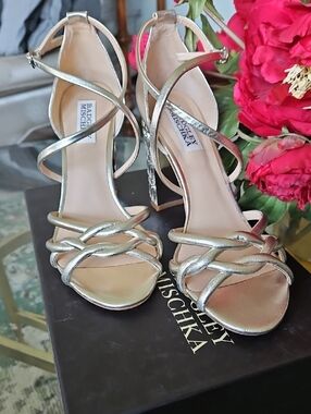 Badgley Mischka Metallic Gold Twisted Strap Heeled Sandals